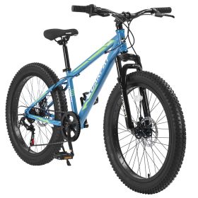 S24109 Elecony 24 Inch Fat Tire Bike Youth Full Shimano 7 Speeds Mountain Bike, Dual Disc Brake, High-Carbon Steel Frame, Front Suspension, Mount (Option: Blue Green)